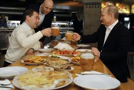 May 1, 2012 Russia_Medvedev, Putin drink beer in central Mosco